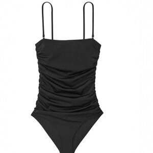 Solid Black Ruched Square Neck Cheeky One-Piece Swimsuit Size Medium